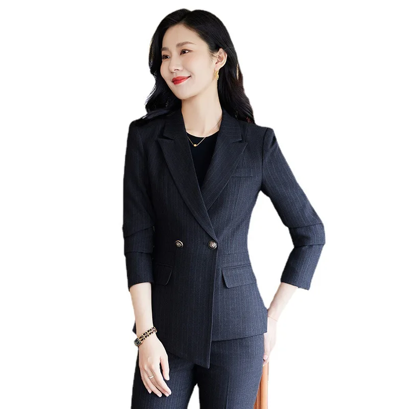 2024Autumn and Winter New Blue Color Striped Long-Sleeved Small Suit Collar Jacket Women's Pants Professional Casual Two-Piece S