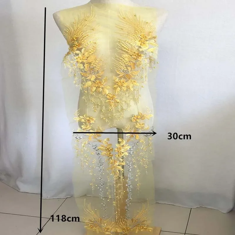 120*30CM/długa siatkowa przędza Rhinestone wykończenie z koralikami odzież naszywka, kwiat aplikacja z koronki haft łatki do szycia do sukni ślubnej