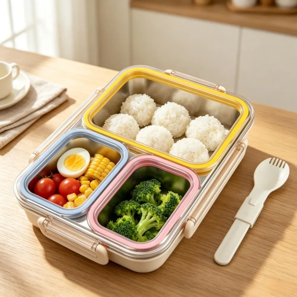 304 Stainless Steel Meal Container with Divider Leak Silicone Seal 800ML Microwave Safe Portable Food Box 24.5x17.5x6cm