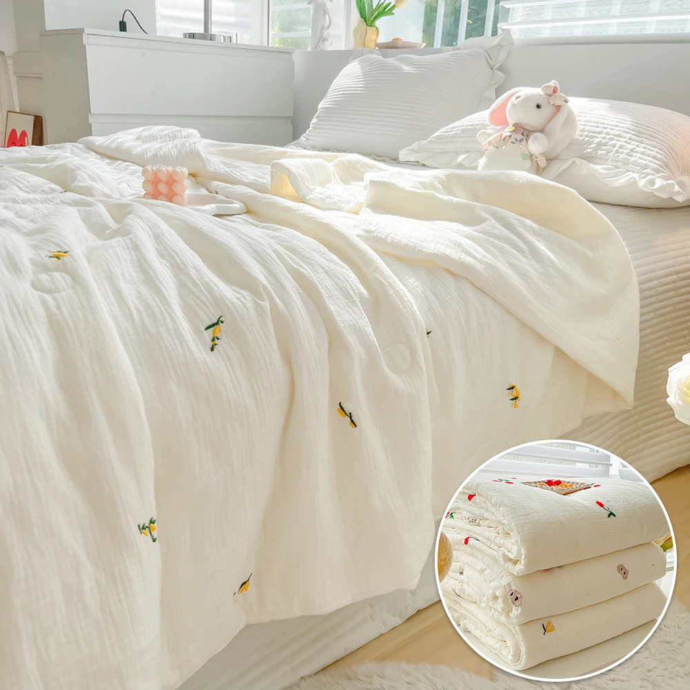 

Korean Style Floral Embroidery Quilted Summer Quilt Washable Thin Comforter Blanket Summer Sleeping Quilt Double Sides Comforter