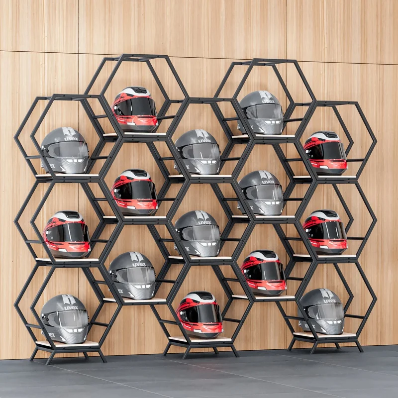 

Металлическая витрина-стеллаж для демонстрации мотоциклетных шлемов, автозапчастей, колесных дисков и шин, изготовленная на заказ