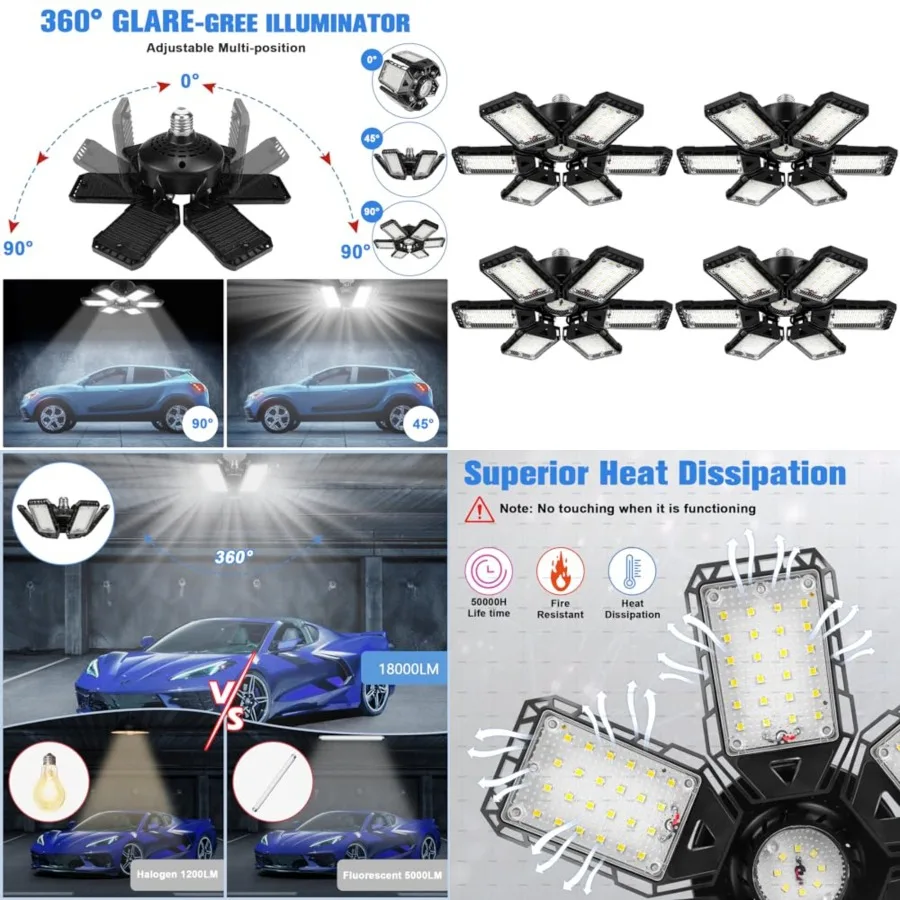 

LED Garage Lights Bulb -80W, 18000LM 6500K Led Shop Light with 6+1 Deformable Panels, Basement Barn Light Garage Ceiling Lights