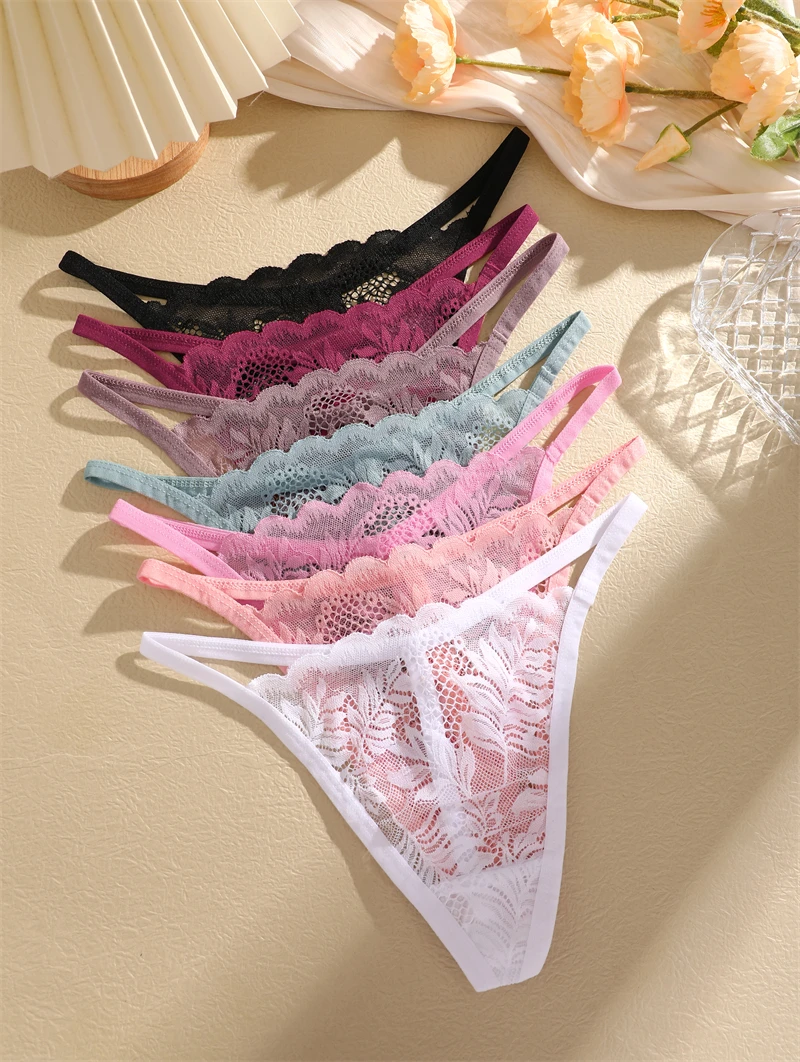 5Pcs Hollow Out Leaf Print Thongs Transparent Women\'s Panties Sexy Lace G String Solid Underwear Female Thin Low Waist Lingerie