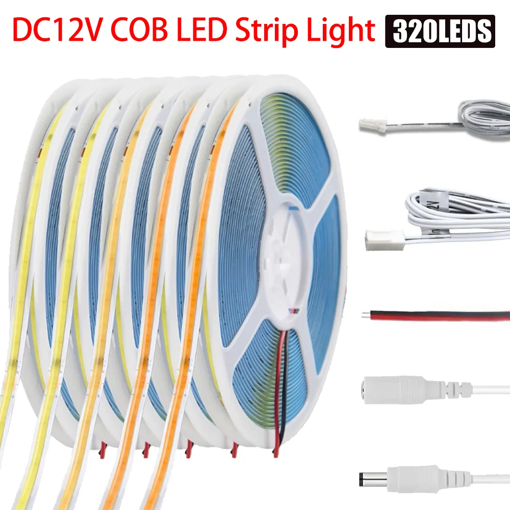 12V COB LED 스트립 라이트 320Leds/m 캐비닛 아래 조명 전시대 책장 옷장 램프 테이프 2선/DC/듀얼 포트 커넥터