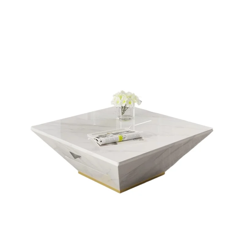 Luxurious minimalist square drum coffee table, trapezoidal white marble coffee table