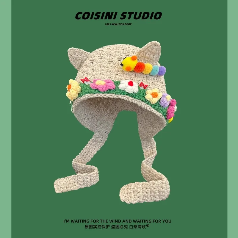 

Creative Handmade Crochet Cute Ears Beanies Cap Y2K Autumn and Winter Travel Versatile Fashion Warm Pullover Hats for Women