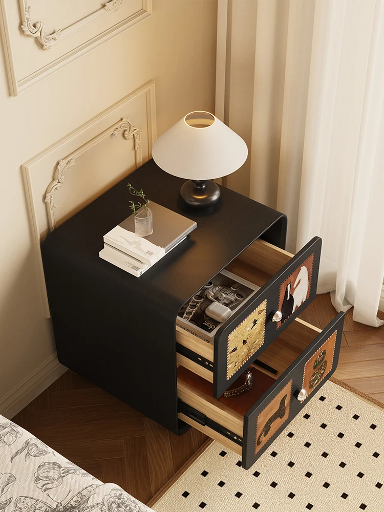 خزانة بجانب السرير إبداعية عتيقة لغرفة النوم المنزلية، خزانة تخزين سوداء، طاولة بجانب السرير من الخشب الصلب #3