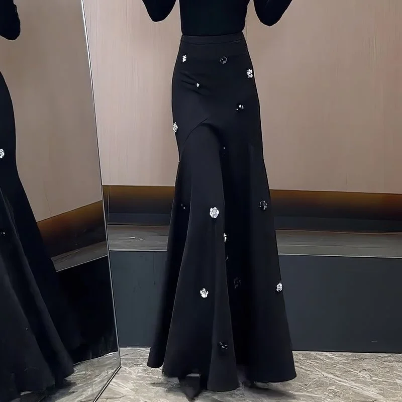 New Fashion 3D Floral Sequin Long Skirt Women Spring Autumn Luxury High Waist Retro Beading Slim Mermaid Skirts Party Jupe