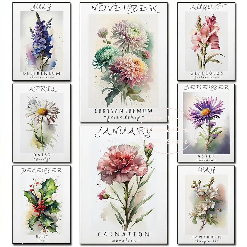 Simple Flowers Blooming Vintage Poster September October Daisy Marigold Canvas Paintings Wall Art Pictures Watercolor Home Decor