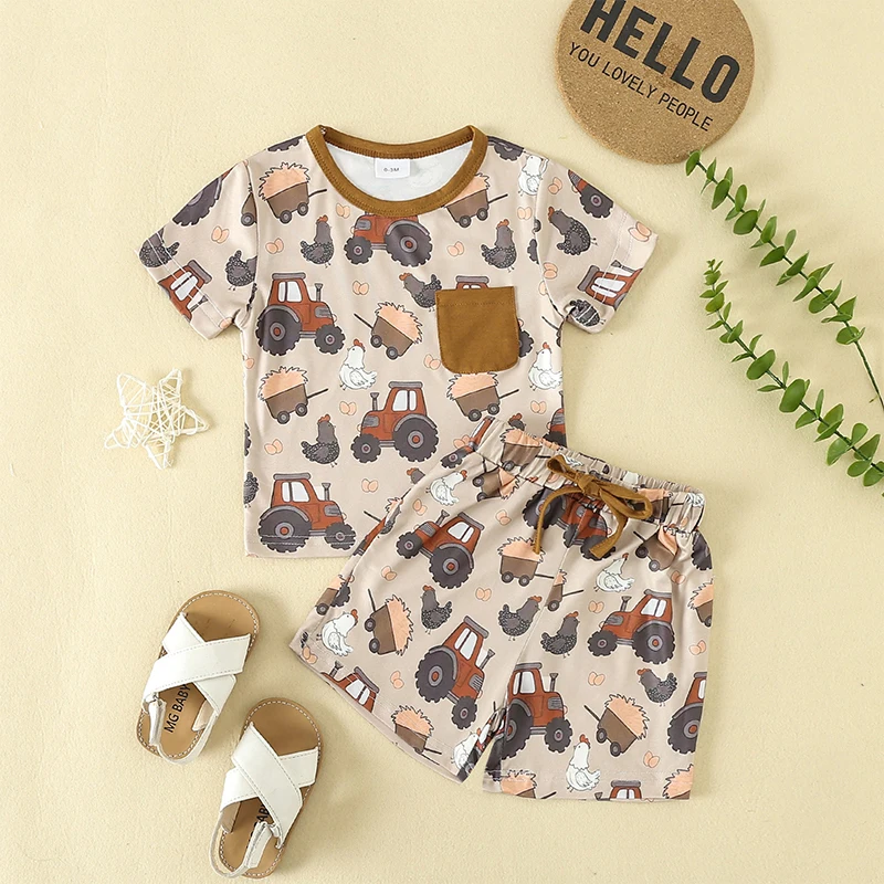 Newborn Set Infant Baby Boys Girls Chick Print Short Sleeve T-Shirt with Elastic Waist Shorts Set Summer 2pcs Outfit Clothes