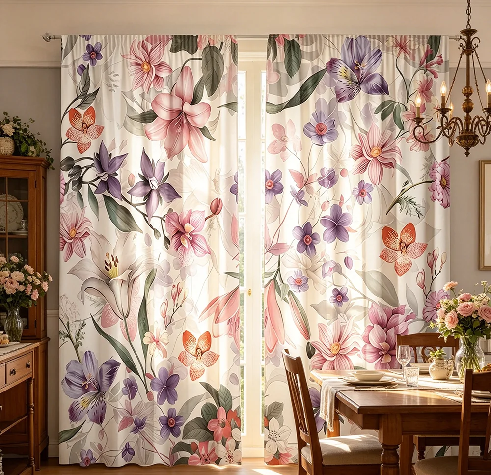 2PCS Digital Printing Curtains, Pink Purple Watercolor Floral Lily Flower Pattern, Elegant Luxury Romantic Living Room Decor