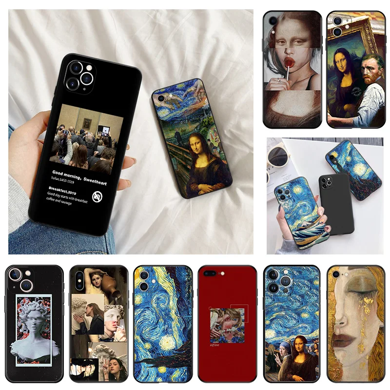 Phone Cases For iphone 15 14 13 12 Mini 11 SE 8 7 Plus X XS XR 15Pro Max Mona Lisa Sad Girl Van Gogh Black Soft Anti-Drop Cover