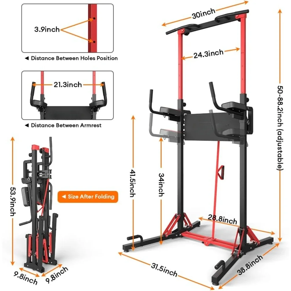 Power Tower, Multi-Function Adjustable Height Foldable Dip Station, Heavy Duty Strength Training Equipment, Pull Up Stand 400LBS