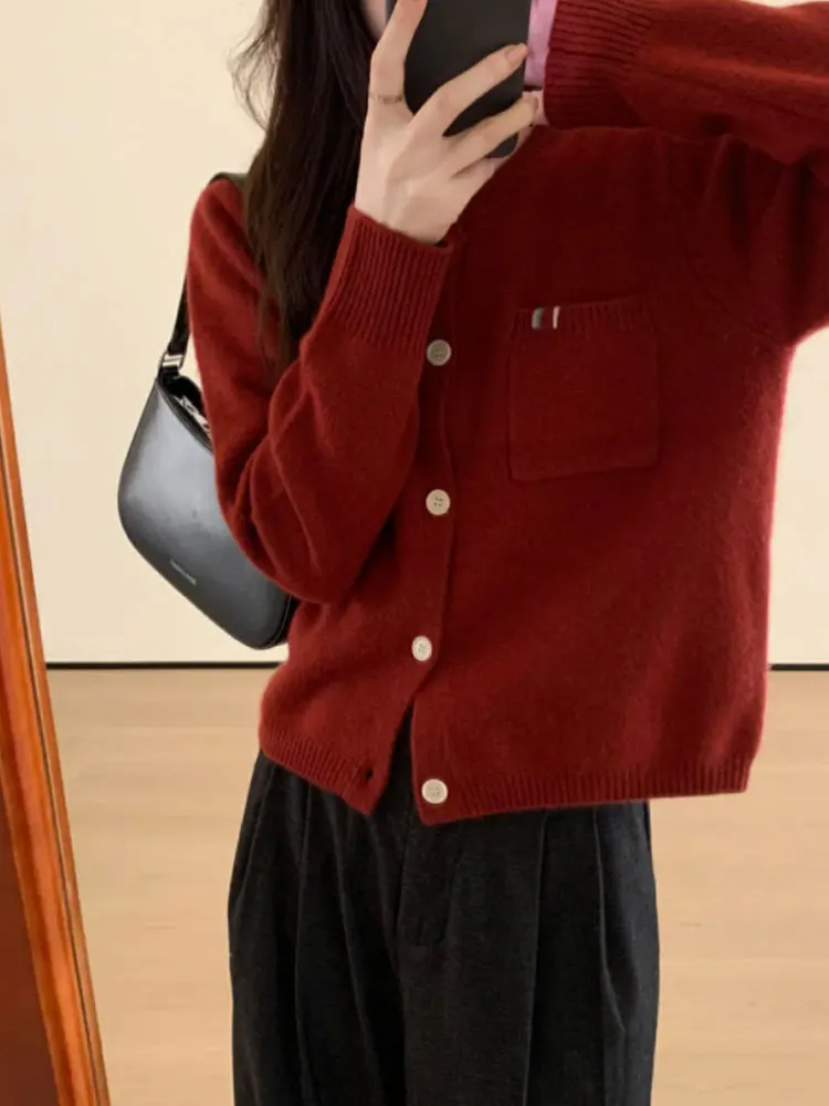 Confortável malha Cisas Aosphere Ano Novo Vermelho Longo Sve redondo Ne Cardigan de botão único Lazy Sle Top Feminino Fa...