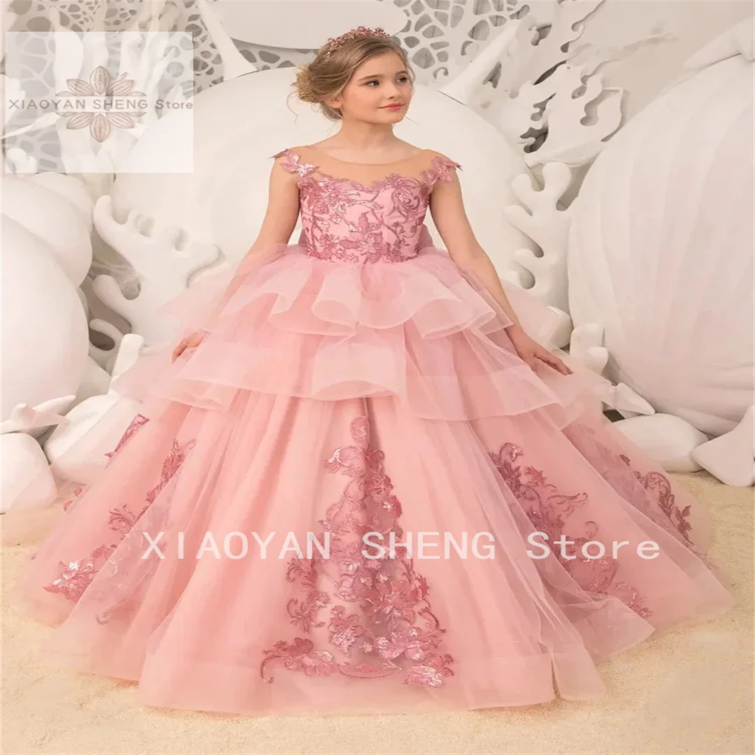 

Pink Applique Flower Girl Dress For Wedding Tulle Sleeveless Fluffy Elegant Child Communion Birthday Party Dresses Girl Gifts