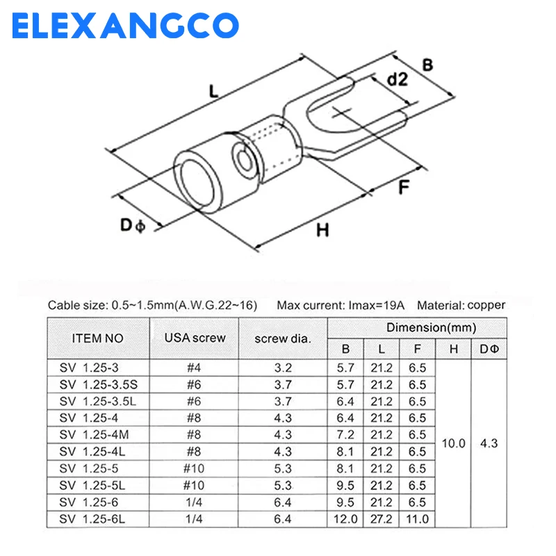 100 Stücke SV1,25 Serie Isolierte Gabel Spaten U-Typ Fünf Farben Draht Stecker Elektrische Crimp Terminal Für 22-16AWG 1,5mm Kabel – Detail 4