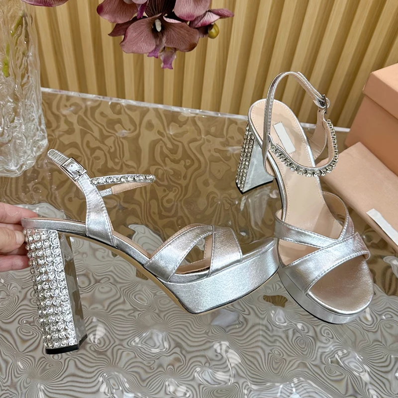 Crystal Chunky High Heel Women Summer Sandal Shoe Silk Satin Ankle Strap Luxury Wedding Party Platform New Brand Name Sapatos