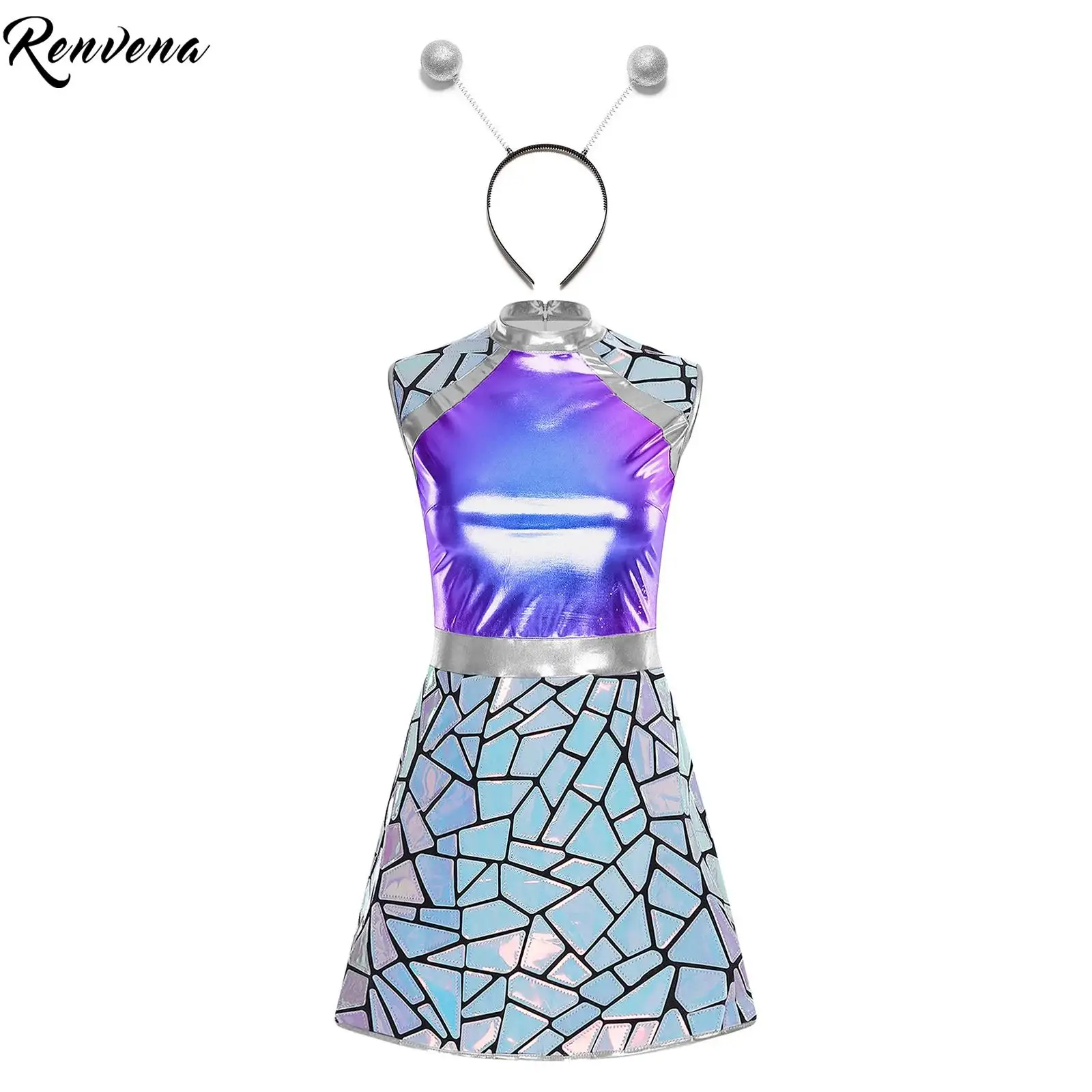 

Женский костюм инопланетянина на Хэллоуин, косплей, праздничное платье с градиентными блестками, металлическое блестящее карнавальное платье трапециевидной формы