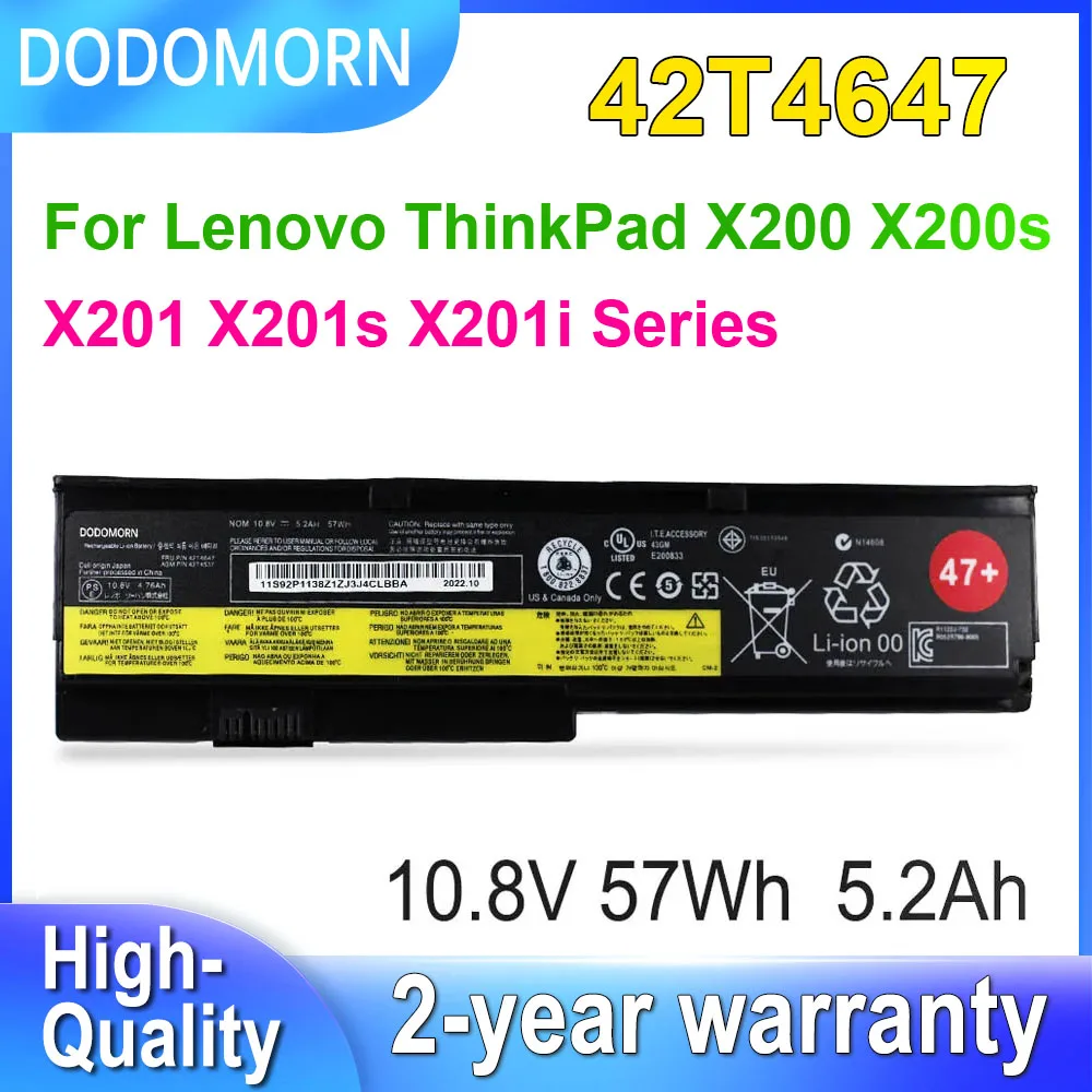 

DODOMORN 42T4647 Laptop Battery For Lenovo ThinkPad X200 X200s X201 X201s X201i 42T4537 42T4646 42T4648 42T4649 47+ 10.8V 57Wh