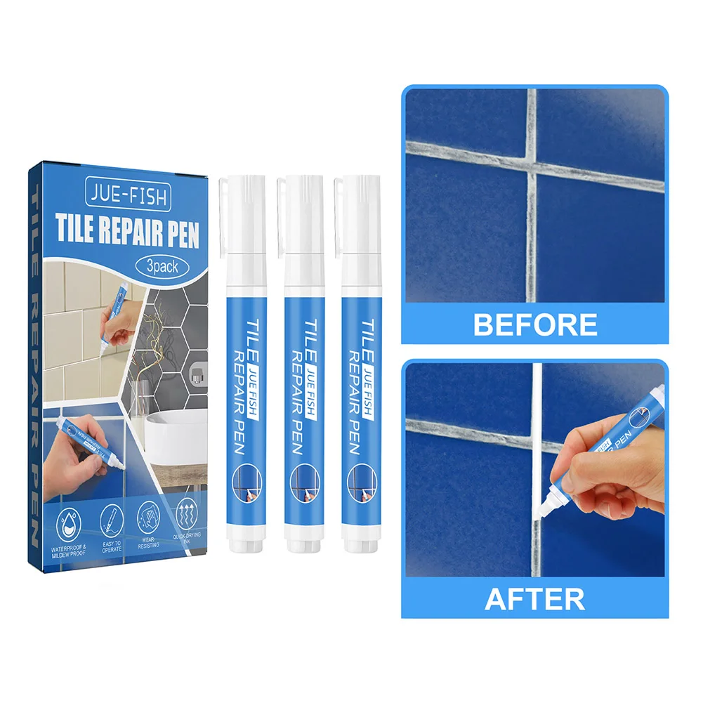 3 Stück Fugenstift, weißer Fliesenfarbenmarker, wasserdichter Fugenreparaturstift, schimmelresistent, Fliesenmörtel, Sicherheit für die Wiederherstellung von Fliesen, Wand, Boden
