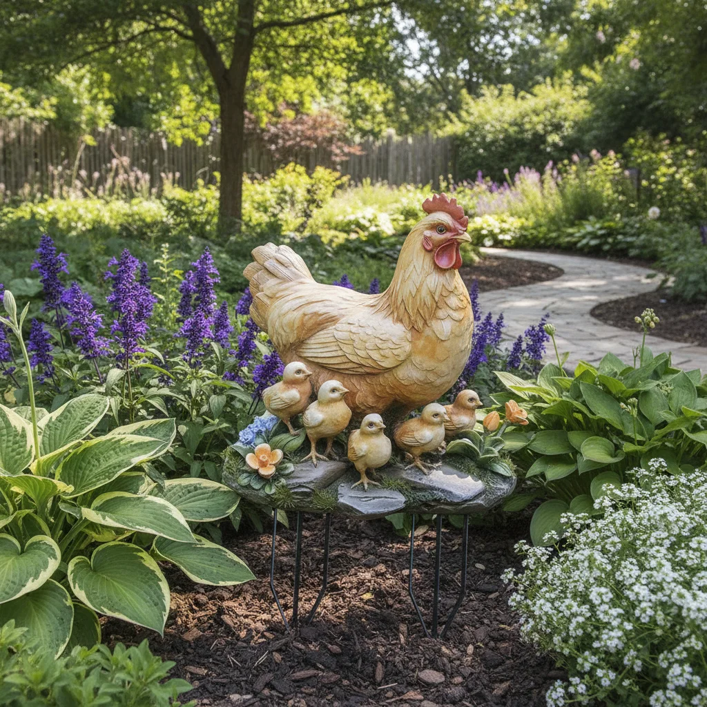 Mother Hen & Rooster Baby Garden Pile Alec Waterproof Wear-Resistant Courtyard Floor Insertion Pendant Ornament for Outdoor Deco