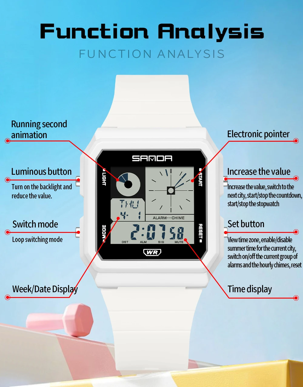 SANDA 2216 Fashion Electronic Watch Multifunction Alarm Clock