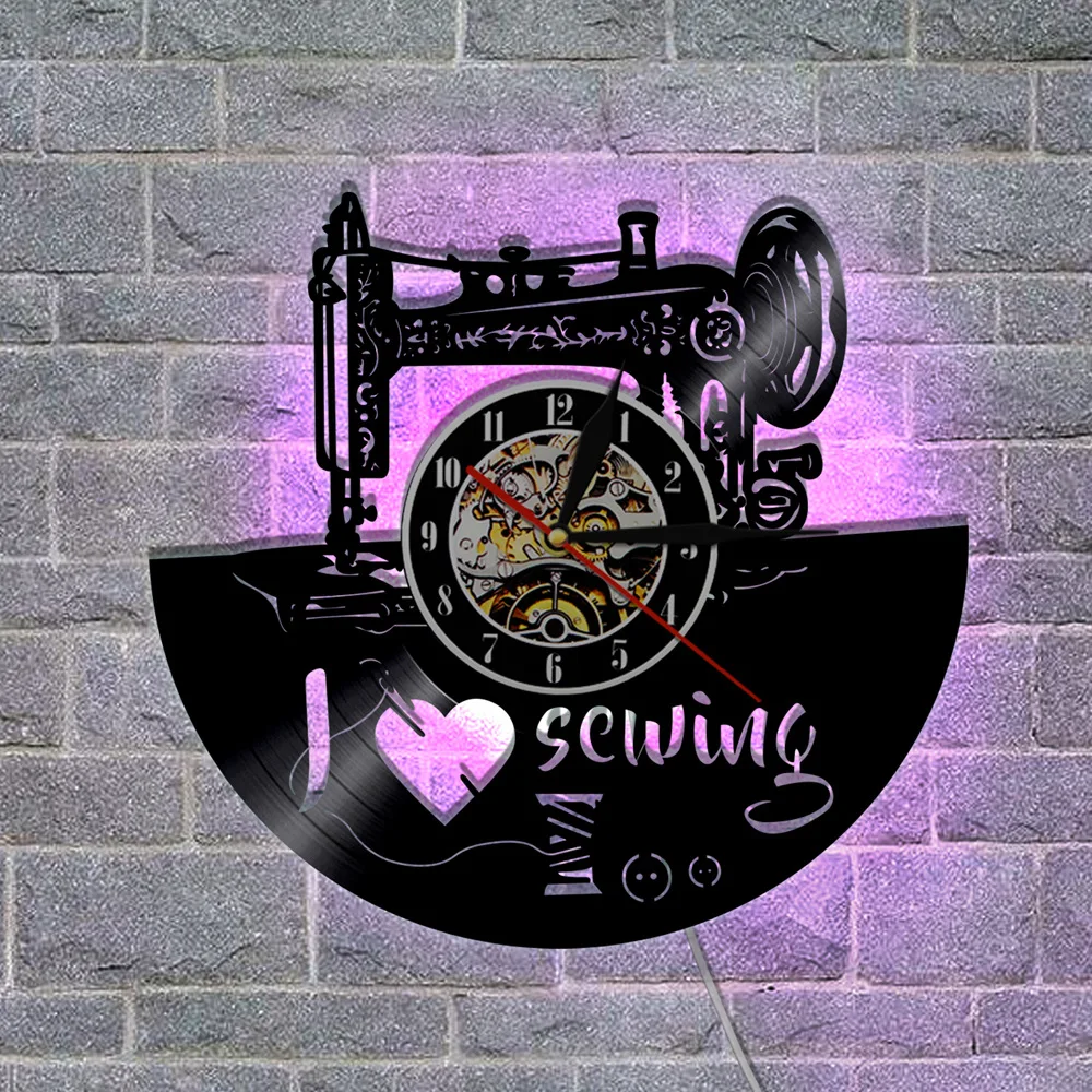 

LED Sewing Machine Clock Vinyl Record Wall Clock Antique Art Quartz Clock Home Wall Decor