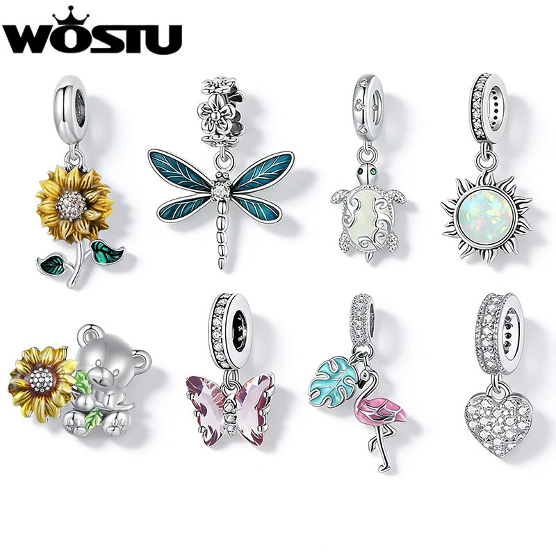 WOSTU Hot Selling Copper Sunflower Charms Dragonfly Butterfly Pendant Oil Print Bead Fit Original Bracelet Neckalce Wholesale