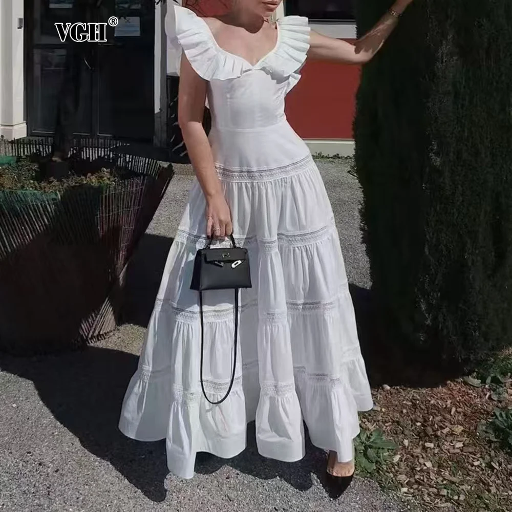 

VGH Solid Simple Slim Long Dress for Women V Neck Flying Sleeve High Waist Spliced Hollow Out Temperament Party Dresses Female