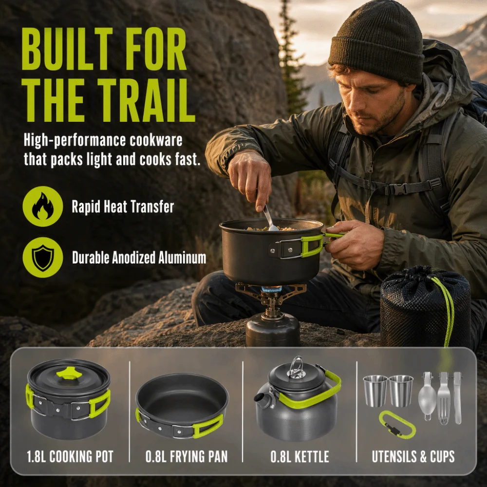 10 Pcs Stackable Cookware Set Compact Storage Bag Included Cooking Gear Stainless Steel Aluminum Alloy Camping Mess Kit
