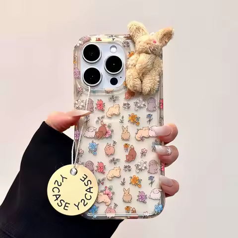 Cute 3D Plush Rabbit Cartoon for Samsung Galaxy S25 Ultra S24 FE S23 Plus S22 S21 S20 Note 20 10 Transparent Soft Phone Case