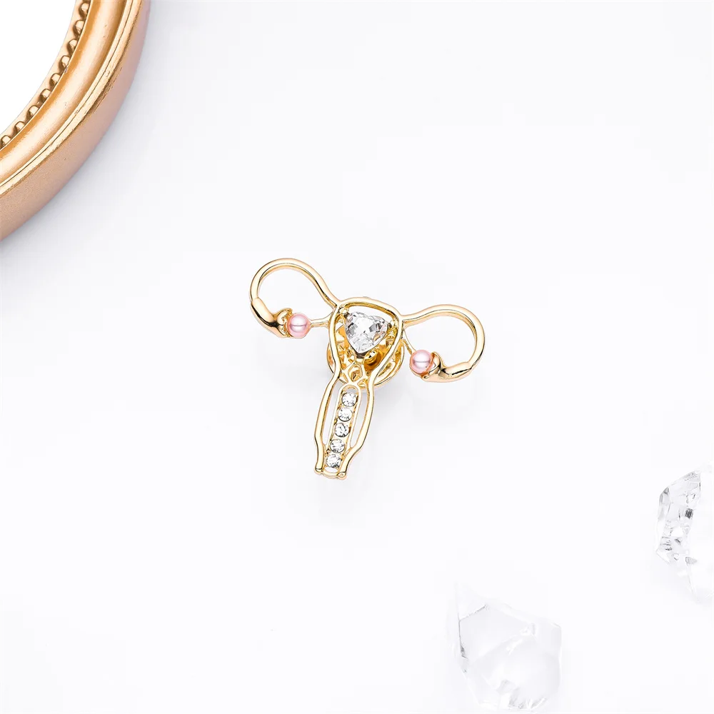 Harong Uterus Silver Plated Metal Pin Luxurious Inlay Crystal Pearl Medical Gynecological Lapel Brooch Doctor Nurse Jewelry