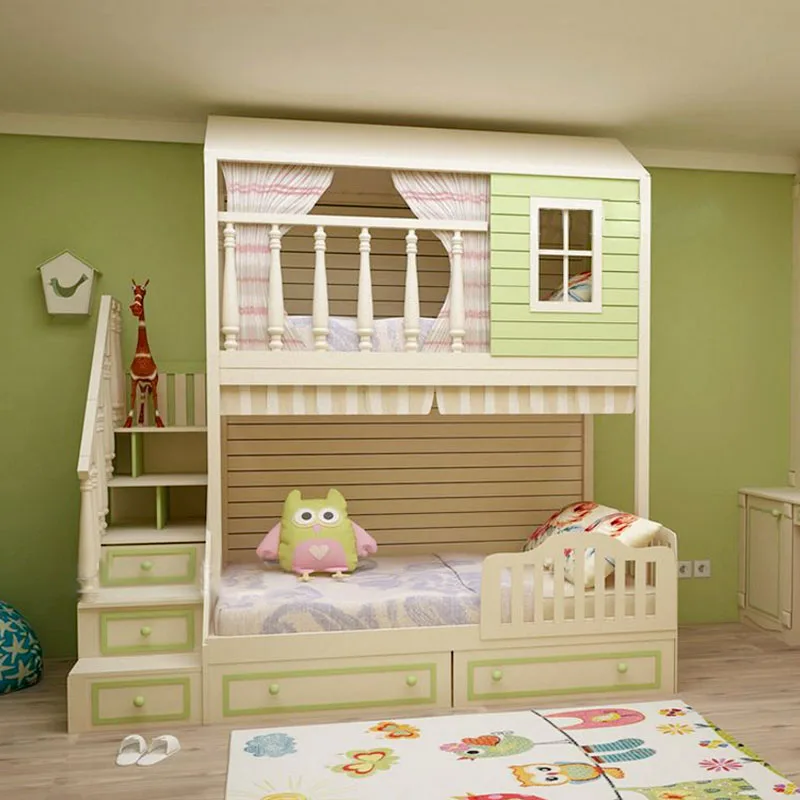 

Children's double decker bed with upper and lower bunks, boys' double decker high and low bed, multi-functional solid wood bed