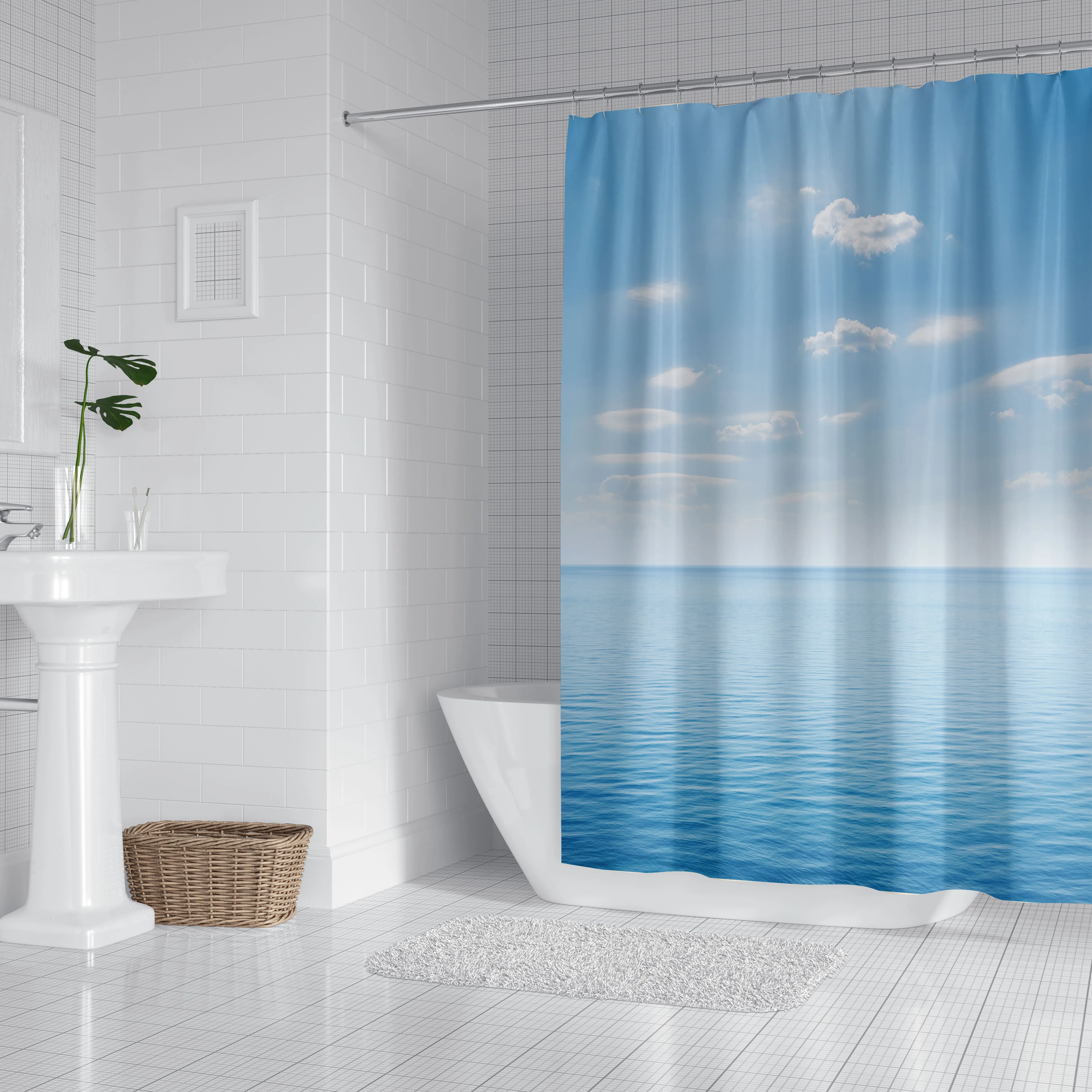 1pc Sky Oceant Shower Curtain Bathroom Partition Decorative Curtain Machine Washable Blue Sky Print Window Privacy Curtain