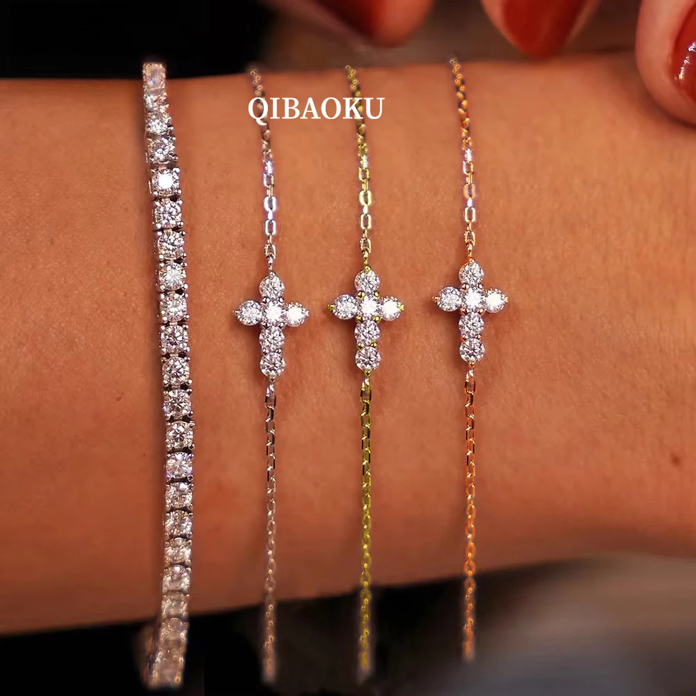 QIBAOKU Real 3mm Moissanite Jesus Cross Pendant Bracelet S925 Sterling Silver Lab Diamond Hand Chain Gifts Jewelry 2026