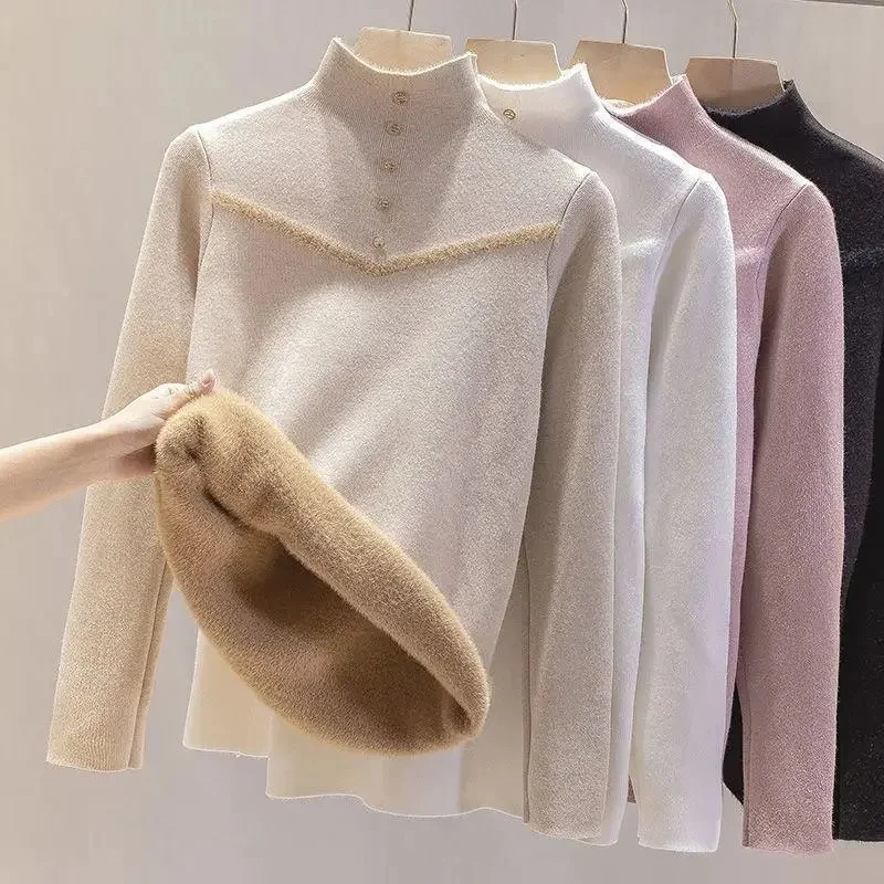 

2023 New Women's Winter Lined Sweater Casual Thicken Warm Knit Tops Korean Slim Pullover Soft Velvet Knitwear Jumper