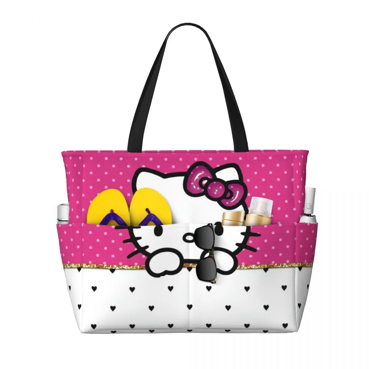 

Custom Cute Hello Kitty Cat Travel Tote Bag Women Large Capacity Cartoon Kitten Groceries Shoulder Shopper Bags