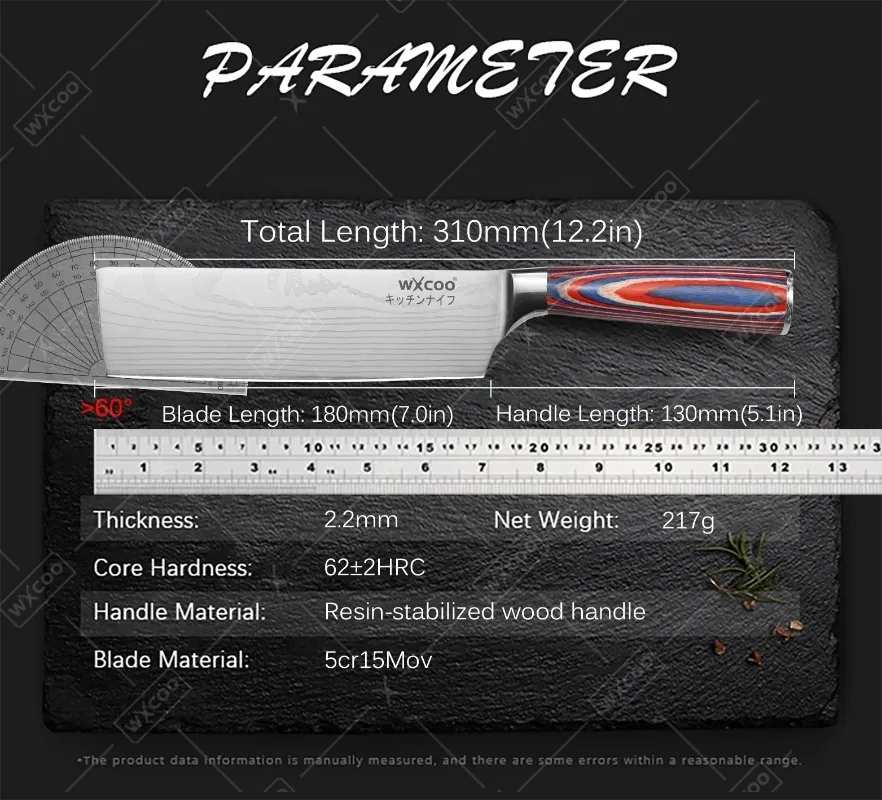 WXCOO 1PCS Damascus Laser Kitchen Knives Professional Meat Cleaver Utility Knife Boning Knife Fruit Slicing Red Wooden Handle