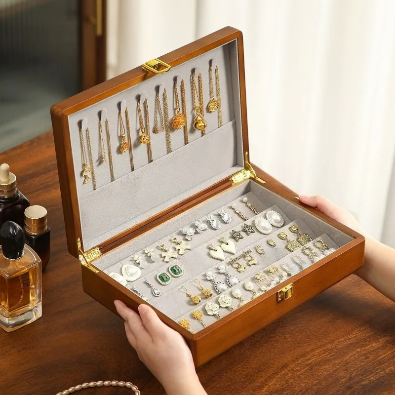 Solid Wood Jewelry Box Necklace Earrings Ring Storage Boxes Retro Luxury Large Capacity Jewellery Case Ring Jewelry Supplies