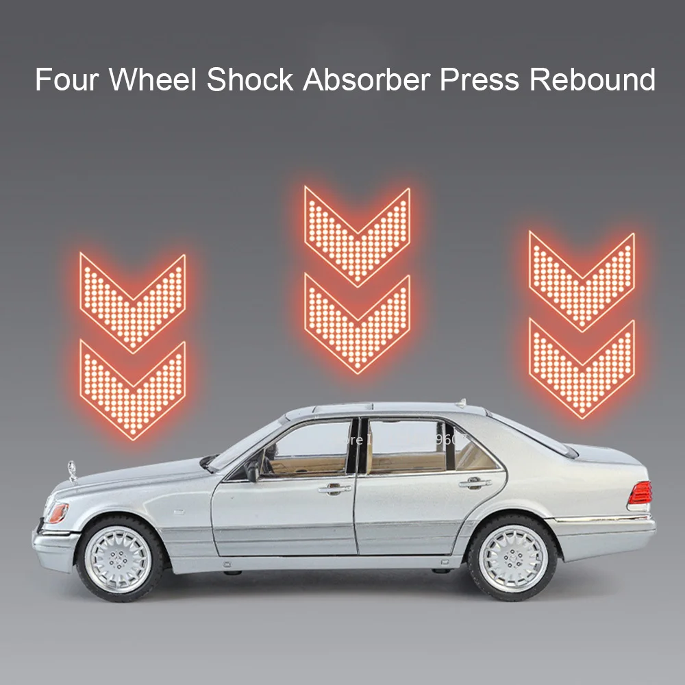 1:24 W140 Miniatur-Spielzeugautomodelle, Legierung, Druckguss-Sound, Licht, 6 Türen geöffnet, zurückziehbare Gummireifen, Modellfahrzeuge für Jungen, Geschenke