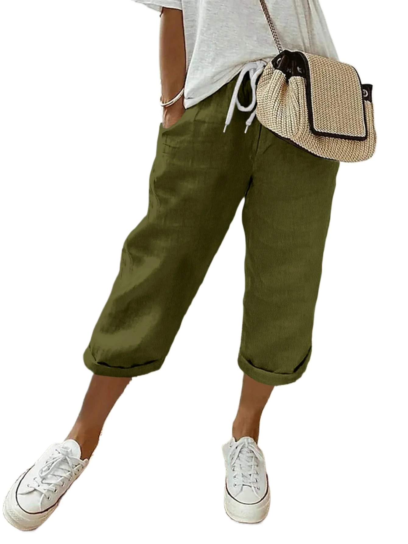 Latest Summer Women Plus Size High Waist Drawstring Capri Pants Loose Casual Lounge Cropped Trousers with Pockets