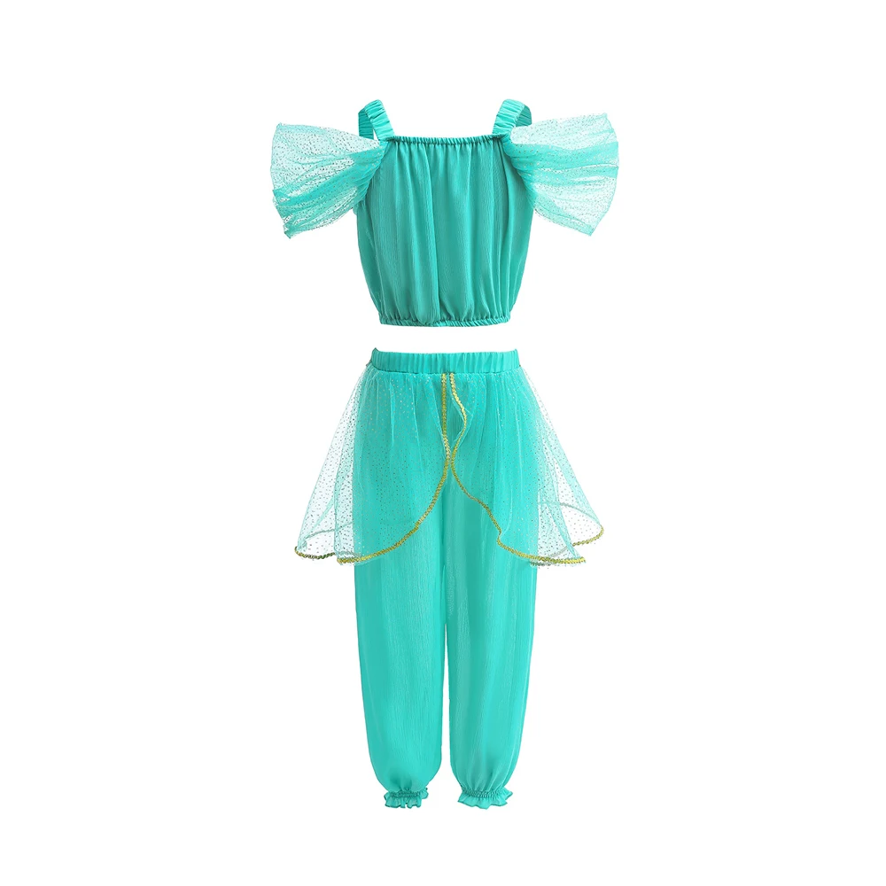 New Princess Jasmine Dress of Birthday Party Carnival Cosplay Aladdin Agic Lamp Girls Costume Vestidos Halloween Clothing Set