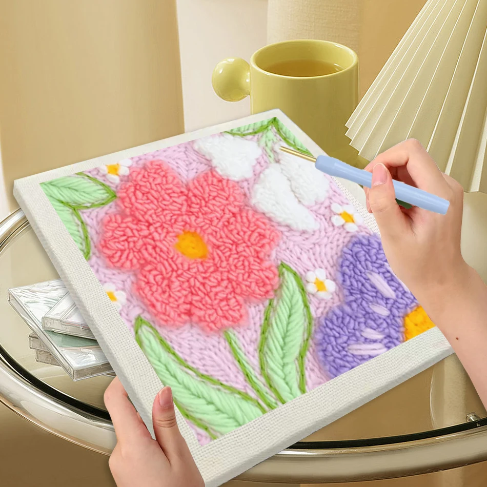 

25x25cm Punch Needle Embroidery Starter Kit Punch Needle Kits Cartoon Flowers Pattern For Adults Kids Beginner Gift Home Decor