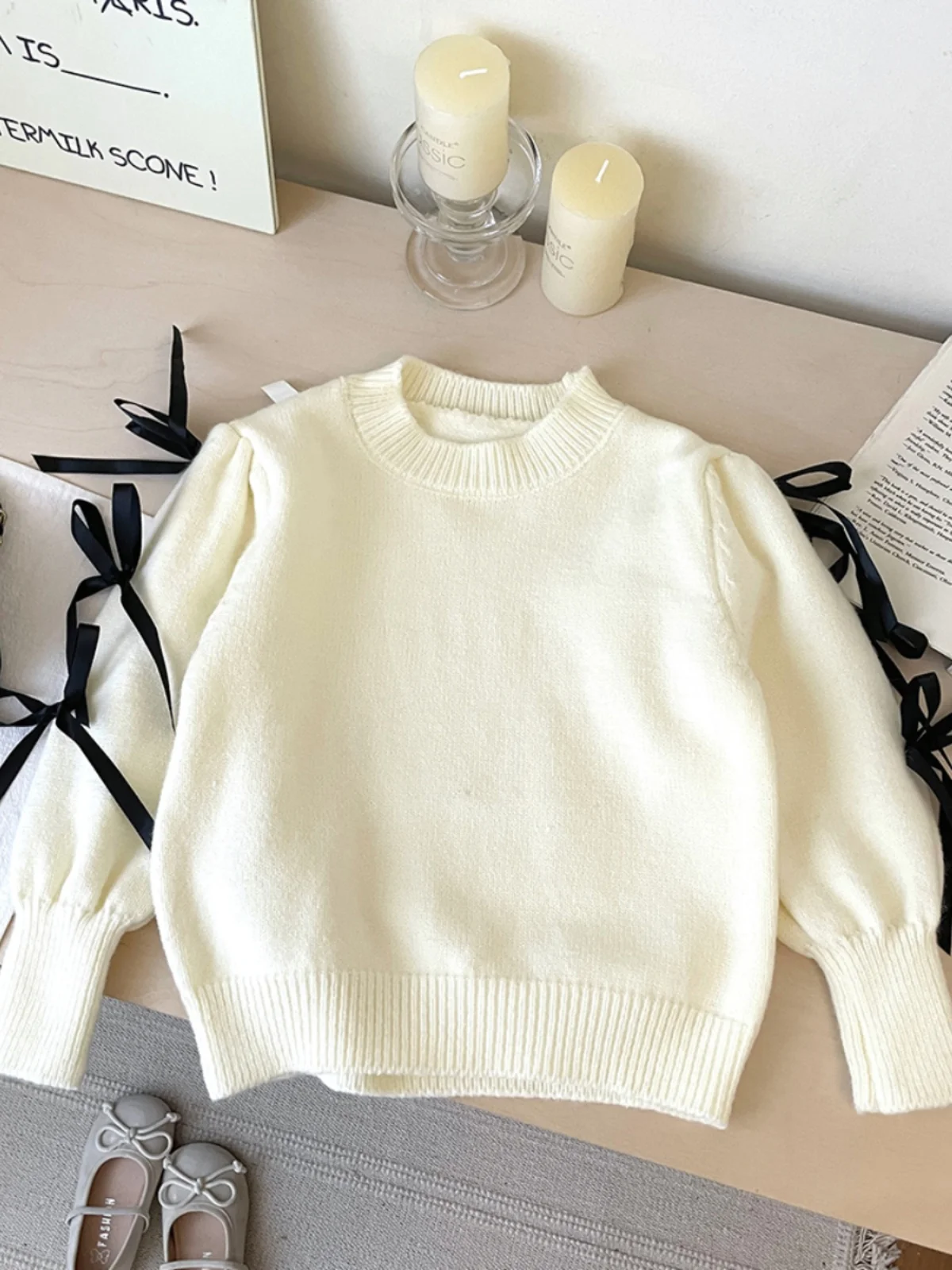 เสื้อไหมพรมเด็กผู้หญิงสไตล์เกาหลี คอลเลคชั่นฤดูใบไม้ร่วง 2024 น่ารัก ทรงโอเวอร์เฮด คอกลม ถักนิตติ้ง แฟชั่นเสื้อผ้าเด็กผู้หญิงตัวเล็ก