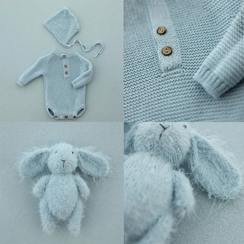 Puntelli per la fotografia Costume in maglia per cappelli e tutine per bambini Mohair Cartoon Rabbit Doll Toy Blue Knitted Theme Photography Prop