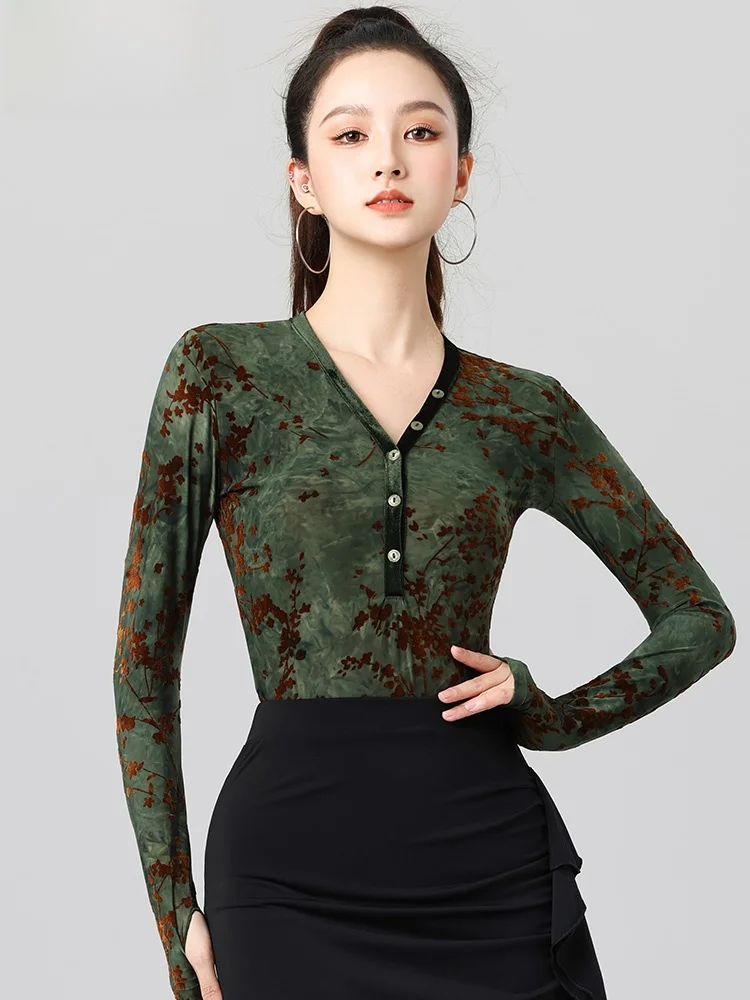 Modern Dance Velvet Jumpsuit Women's Sexy V-ne High-end Long Sve Practice Suit for Stand Dance Latin Dance