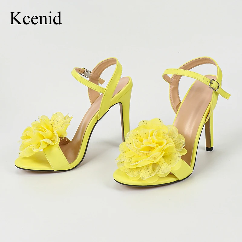 

Kcenid Summer New Fashion Flowers Design Wedding Banquet Shoes Woman High Heels Sandals Summer Open Toe Buckle Strap Sandals