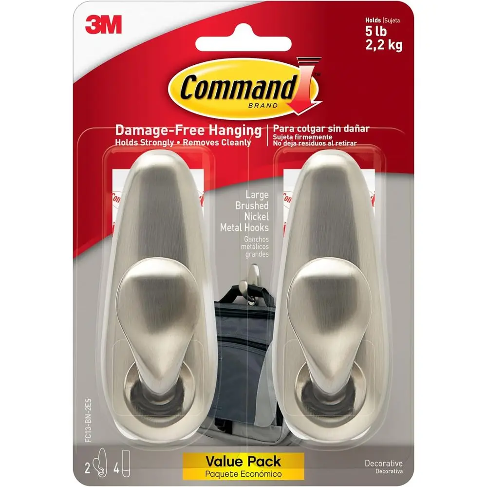 Ganchos de Metal Níquel Pulido Grandes de 5 lb, 2 Ganchos para Abrigos y 4 Tiras, Colgado sin Daños con Adhesivo, Ideal para Colgar en el Hogar y la Oficina