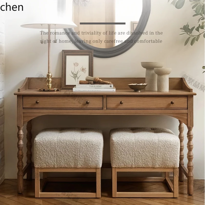 HXL Solid Wood Dressing Table Simple Retro Desk Integrated Computer Desk Writing Desk Bedroom Makeup Table