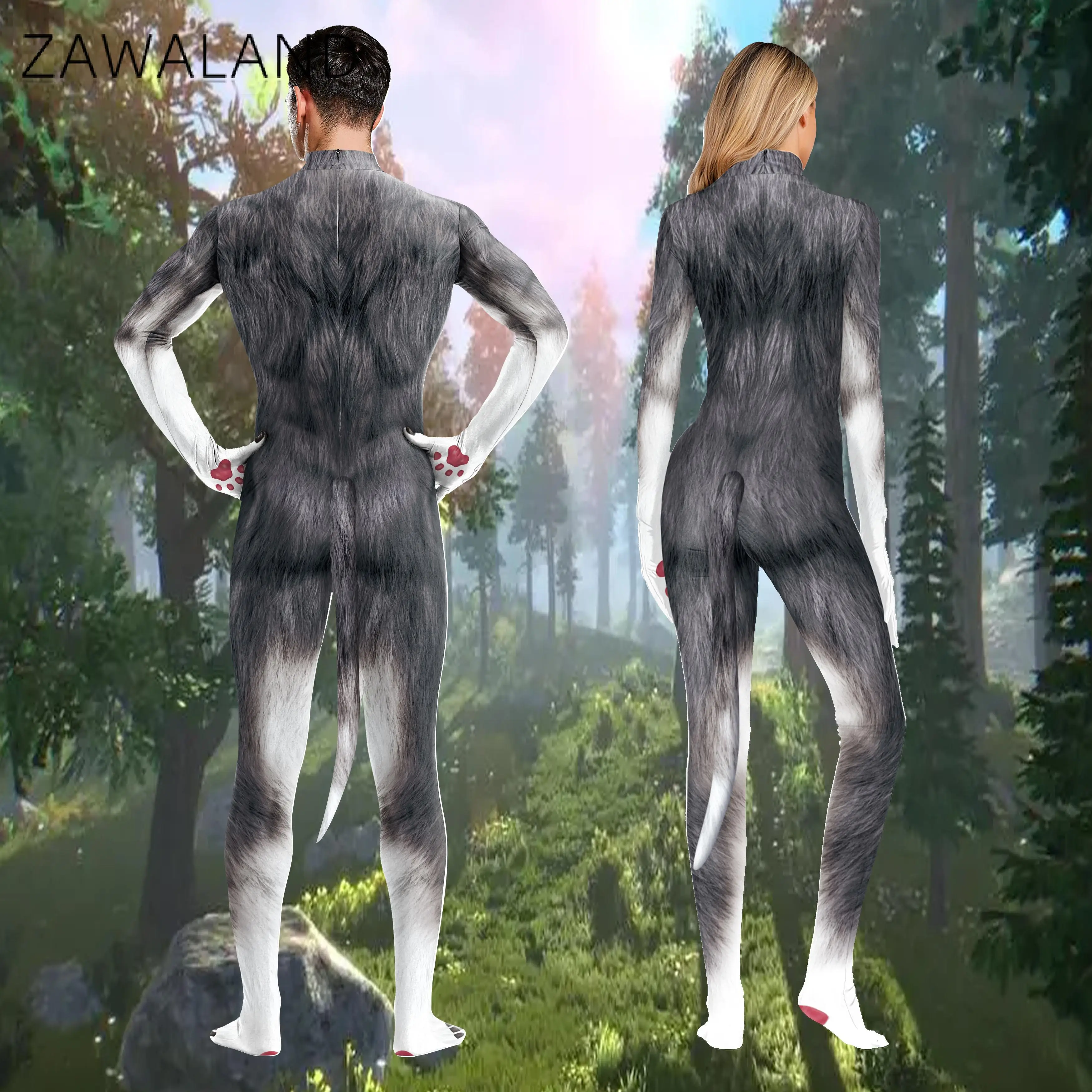 Disfraces de Cosplay de lobo para Halloween, mono con estampado 3D de animales para adultos, cubierta completa Zentai, Catsuit de Bondage de cola, Unisex